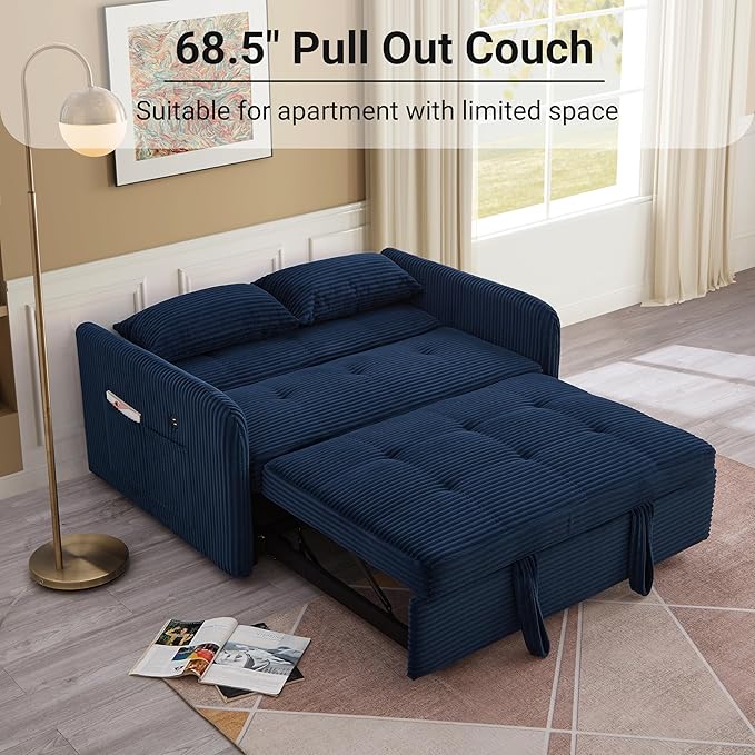 55.5 Corduroy Convertible Sofa Bed Pull Out Sleeper Sofa Bed Loveseat Couch with USB Charging Ports 3 in 1 Convertible Sleeper Sofa Bed for Living Room Apartment Bedroom RV Blue