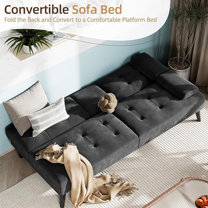 Shintenchi Futon Sofa Bed Velvet Foldable Couch Reclining Sleeper with Removable Armrests Upholstered Loveseat Sofa Couch with Folding Cup Holders for Home Office(Black)