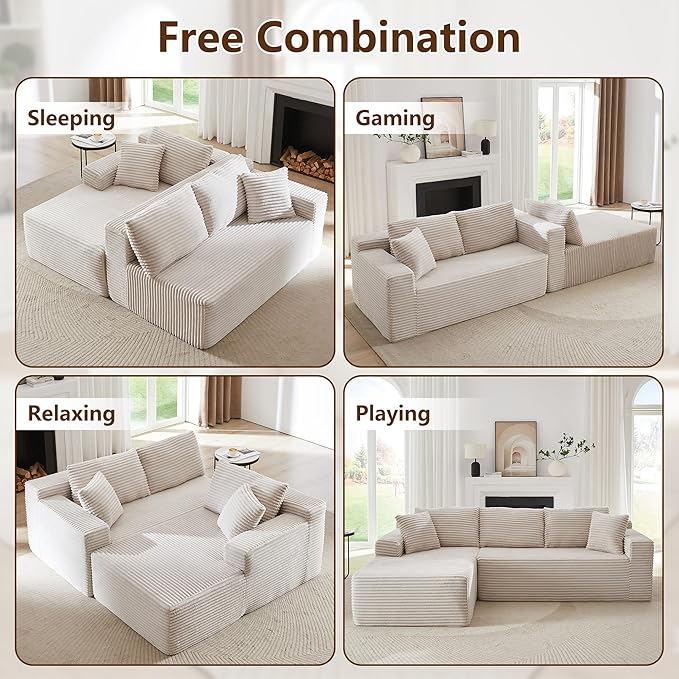 GNIXUU Boneless Sectional Couch with L-Shape Chaise Modern Modular Sofa with Deep Seat Comfy Corduroy Cloud Couches for Living Room Bedroom Apartments No Assembly Required Beige