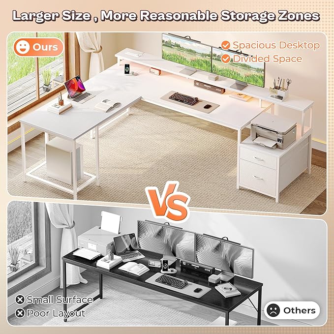 PRAISUN 66 L Shaped Gaming Desk with LED Lights &amp Power Outlets Computer Desk with Fabric Drawers and Print Stand Corner Office Desk Monitor Stand Mesh CPU Stand White