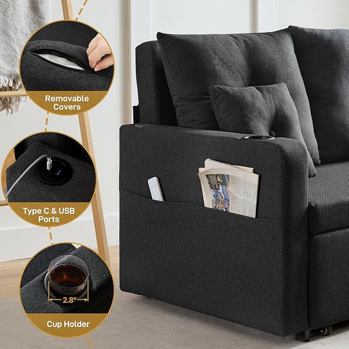 Sleeper Sofa Bed Convertible Pull Out Couch 56 Full Size Loveseat Sleeper Sofa with 4 Pillows Pocket &amp USB Small Couch Bed for Small Spaces Bedroom Apartment Living Room Linen Black