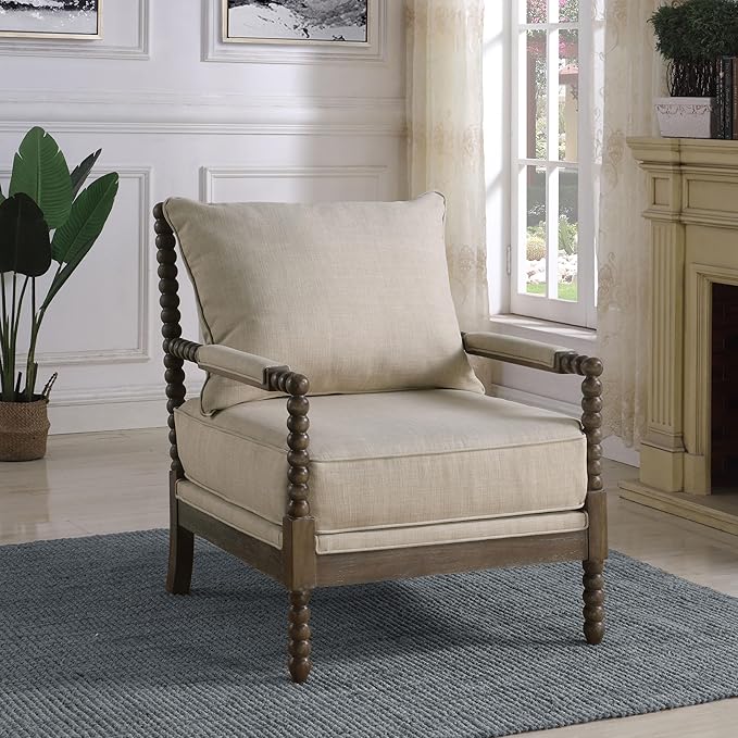 Coaster Home Furnishings - Blanchett - Upholstered Bobbin Accent Chair with Beaded Design Wood Frame and Padded Arms - Living Room - Beige and Natural - 905362