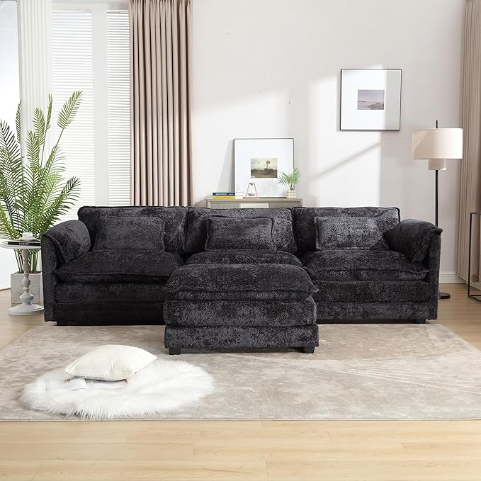 KEIKI 112 L-Shaped Chenille Modular Sectional Chenille Sofa with 1 Movable Ottoman &amp Memory Foam Cushion Upholstered Oversized 4-Seater Couch Easy Assembly for Apartment Living Room Black