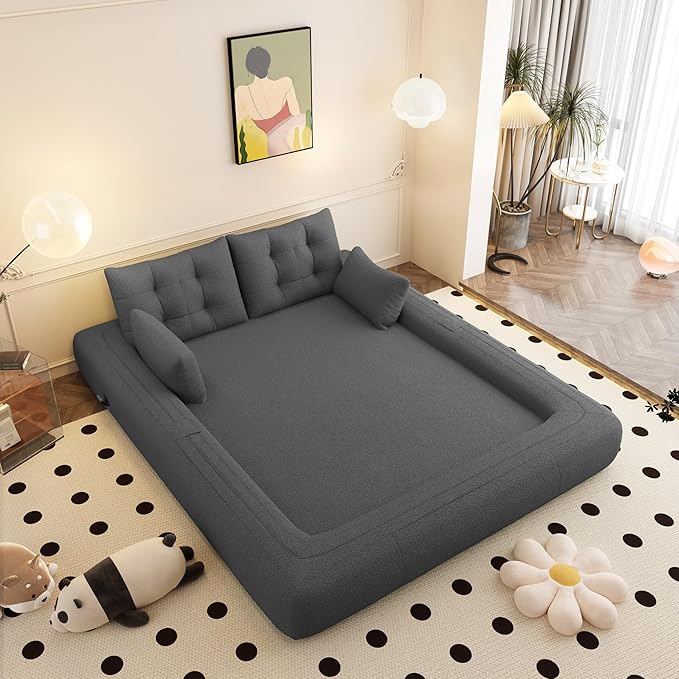 78.7 Convertible Folding Sofa Bed Queen Sleeper Sofa with Pillow Modern Teddy Fabric Futon Loveseat Couch High-Density Memory Foam Mattress for Living Room Guest Use Office Apartment Grey