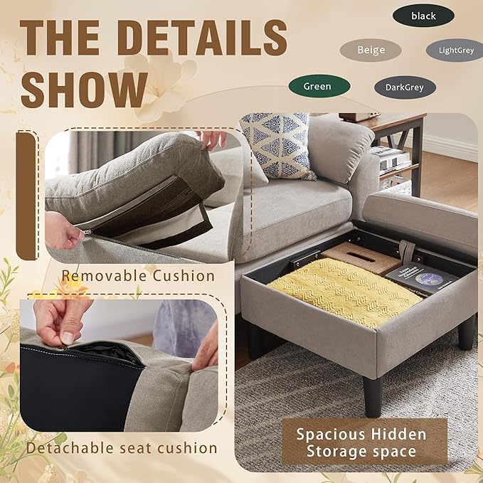 2 Piece Sectional Sofa Set 3-Seat Small L Shaped Couch with Storage Ottoman and 2 Seat Loveseat Sofa Set Polyester Fibre for Living Room Beige