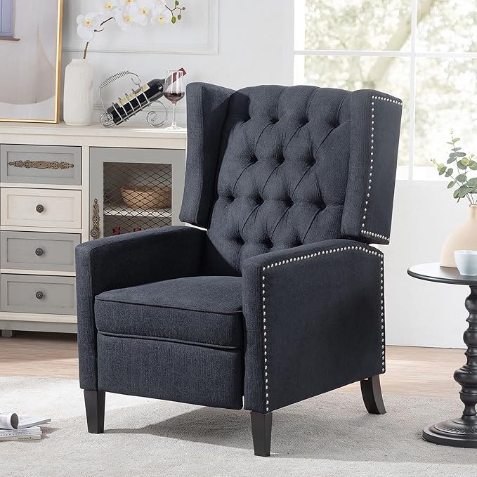 Mid Century Wingback Recliner Fabric Push Back Recliner Chair Single Rolled Armchair Sofa with Rivet Decoration Accent Chairs with Stable Hump Feet for Living Room (Black)