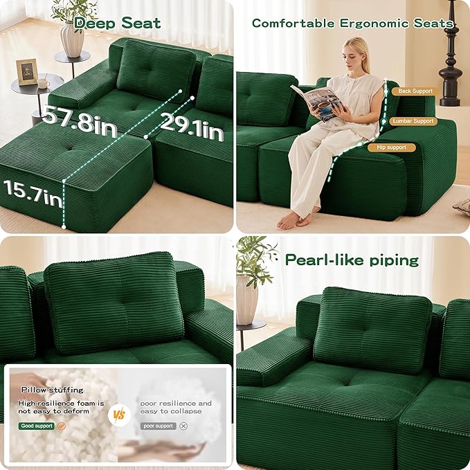 Corner Boneless Couch Modular Sectional Sofa Modern 8-Seater C Shaped Sectional Couches for Living Room with Deep Seat and Ottoman Oversized Comfy Corduroy Cloud Couch Sleeper Sofa Green