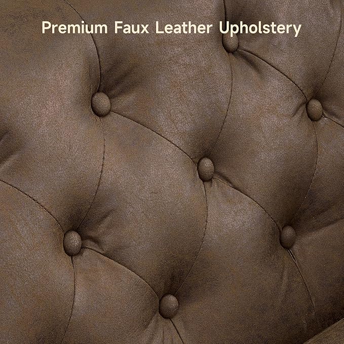 ONBRILL 79'' Faux Leather Couch for Living Room Comfy Chesterfield Button-Tufted Sofa with 2 Bolster Pillows and Wood Legs Mid-Century Modern Deep Seat Couch for Apartment Office Brown