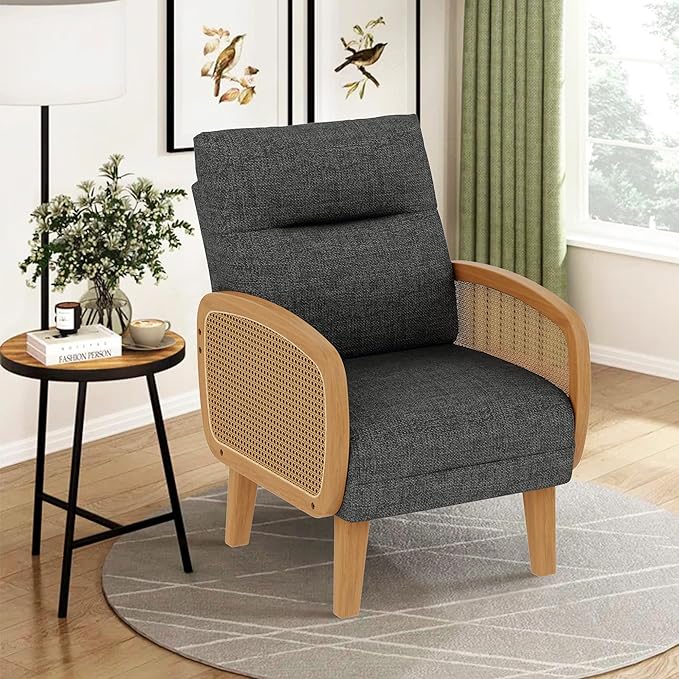 Yongchuang Upholstered Linen Accent Chairs Set of 2 Wood Rattan Armchair Mid Century Modern Bedroom Living Room Chairs Grey