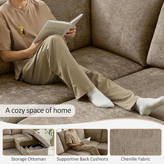 VANOMi 94 Sectional Sleeper Sofa with Pull Out Couch Comfy 6 Seater L Shaped Modular Sofa with Storage Ottoman Modern Convertible Chenille Cloud Couches for Living Room Apartment Camel