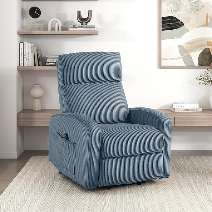 Lexicon Power Lift Recliner Chair for Elderly with Remote Control Gentle Lift Motion Side Pocket Armrest Corduroy Upholstered Electric Recliner for Living Room/Bedroom Easy Assembly Midnight Blue