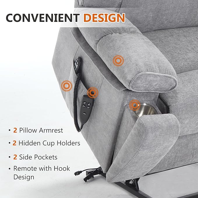 Oversized Power Lift Recliner Chair for Elderly Dual Motor Lift Chair with Vibration Massage &amp Lumbar Heating Standing Assistance Recliner with Cup Holders for Living Room - Chenille Fabric Gra