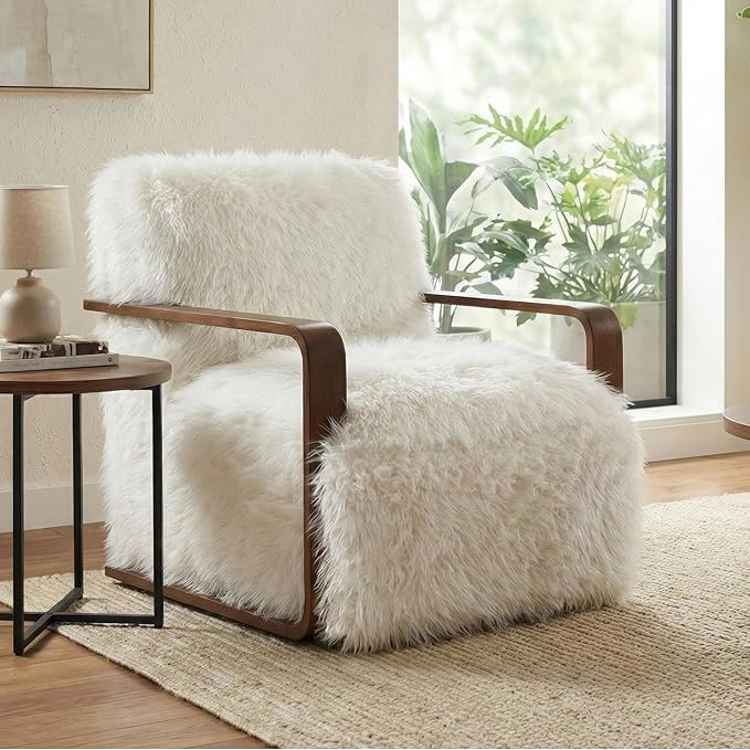 Furniture of America Ramos Modern Lounge Chair with Ultra Soft Faux Fur Long-Haired Accent Sofa Tight Seat and Back Single Couch Fluffy Living Room Seating No Assembly Needed White