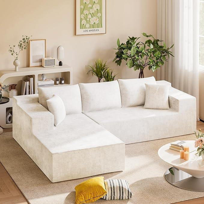 Homall 108 Modular Sectional Sofa Boneless Couch with L-Shape Chaise Cloud Couch with Deep Seat Upholstered No Assembly Required for Living Room Bedroom (Chenille Beige)