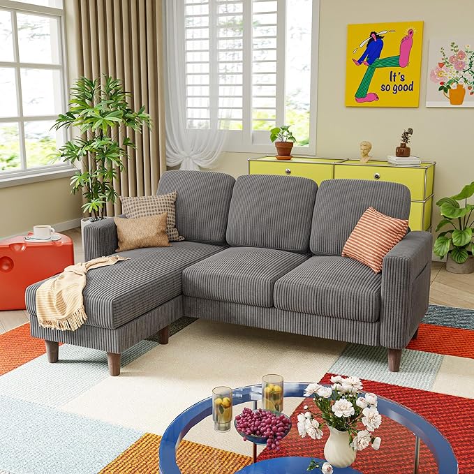 YESHOMY Couches for Living Room Sofa with Movable Ottoman Small Couch with Reversible Chaise and Side Pockets L Shaped Couch for Small Space Apartment (Corduroy Grey)