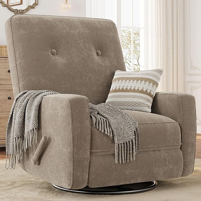 GarveeHome Recliner Chairs Swivel Rocker Recliner Glider Recliner Nursery Chair 360 Swivel Glider Rocking Chair for Living Room Bedroom Office RV Small Spaces Corduroy Brown