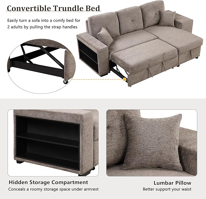 LUMISOL Reversible L-Shape Sectional Sofa with Side Shelf and 2 Stools Pull-Out Sleeper Sofa Bed with Storage Chaise Left/Right Hande for Living Room Apartment Knox Charcoal