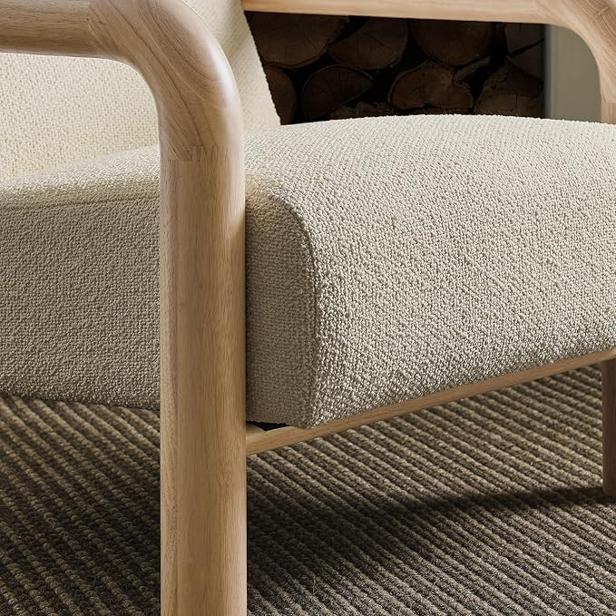 Modway Sereno Modern Boucle Fabric Accent Chair in Cream Oak with Rounded Wood Armrests – Upholstered Lounge Chair for Living Room or Bedroom