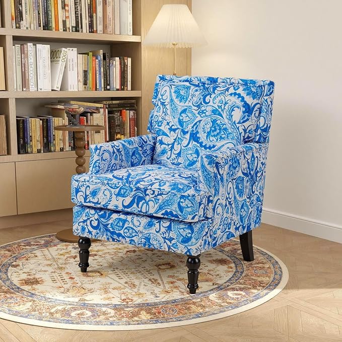 Rovibek Midcentury Modern Accent Chair - High Back Living Room Chairs Upholstered Armchair with Solid Legs Blue and White Porcelain Printed Accent Chairs for Bedroom Living Room Balcony
