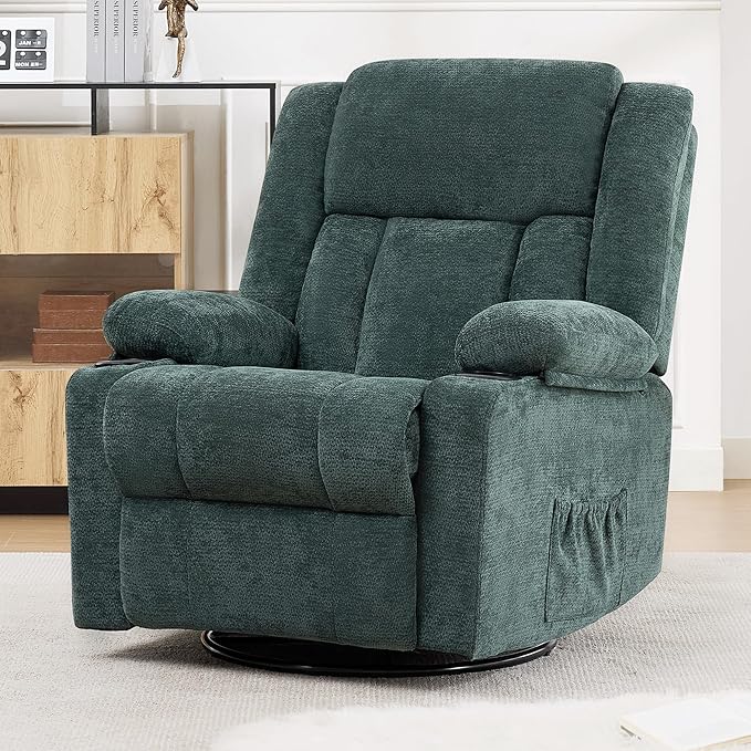 Swivel Rocker Recliner for Adults Manual Lazy Boy Recliner Chair with Cup Holders 360 Degree Rotating Nursery Rocking Chair Glider Recliner for Living Room (Green)
