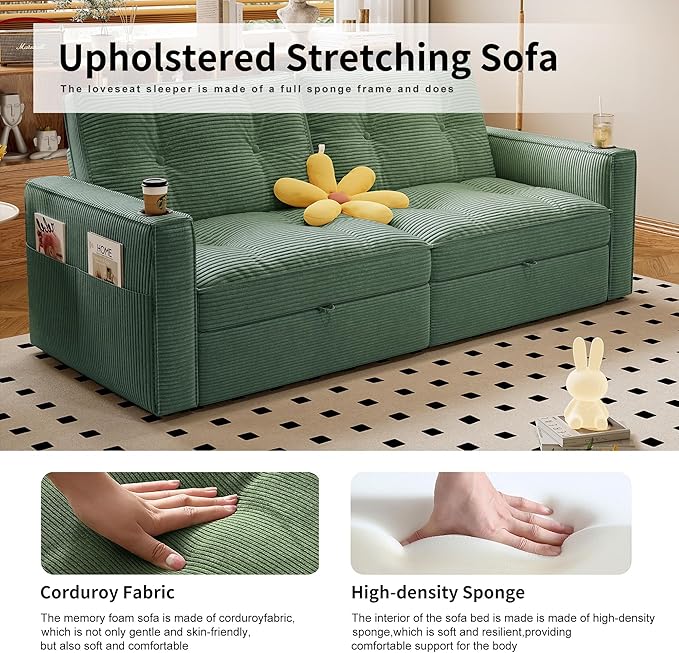 73.2 inch 2-in-1 Convertible Sofa Bed with Cup Holder | Space-Saving Sleeper for Small Apartments Dorms &amp Offices | Guest Ready in Seconds(Green+Corduroy)