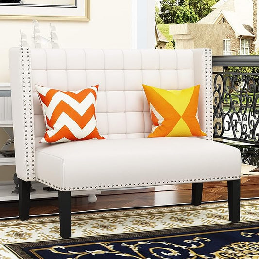 Tongli 46 Small Modern Loveseat Settee Sofa 2-Seat Sofa Couch Tufted Love Seat Dining Bench with Nail Head Trim Back Banquette Sofas for Living Room Small Space Entryway HallwayWhite