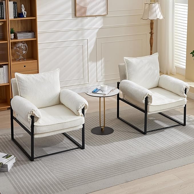 YITAI Modern Fabric Accent Chair with Adjustable Backrest for Living Room Comfy Reclining Chair for Lounge for Reading Upholstered Chair with Metal Legs2PC(White)