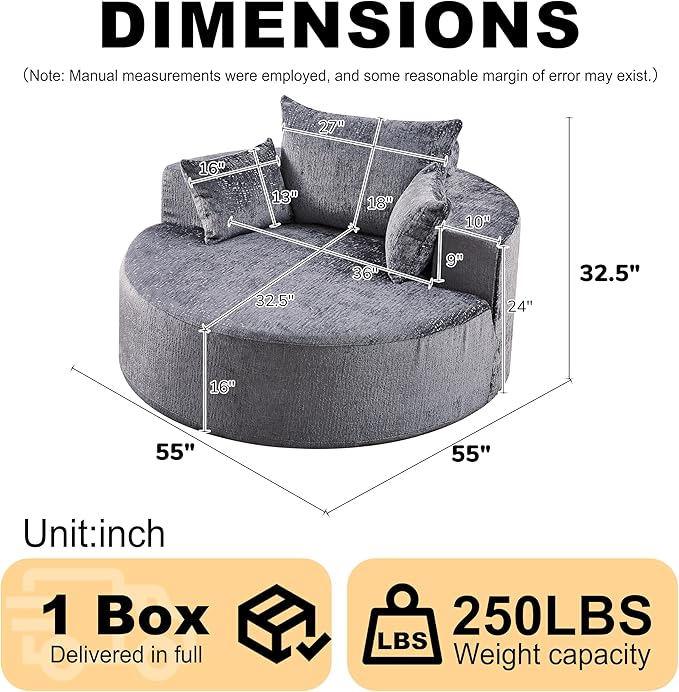 55.5 Oversized Round Chaise Lounge Upholstered Corduroy Cuddle Chair for Adults Single Circle Lounge Chair with Deep Seat for Living Room Bedroom No Assembly Needed Dark Grey