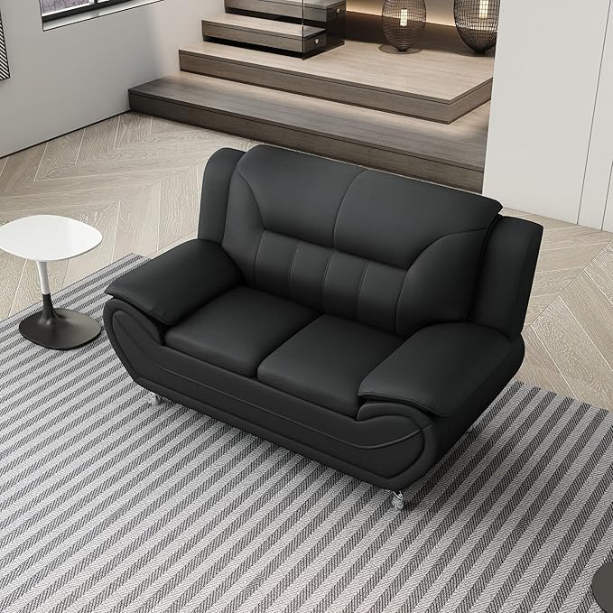 Michael Modern Faux Leather Upholstered Stainless Steel Legs Living Room Loveseat Midnight Black