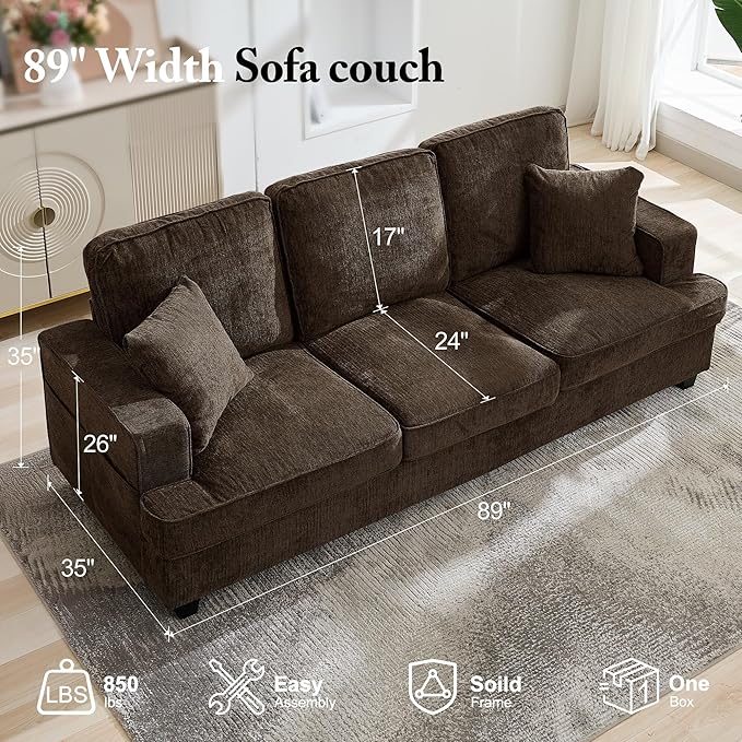 3 Seater Sofa Couch 89 Couches for Living Room with Deep Seats Mid Century Modern Chenille Sofa with Armrests Comfy Sofas for Living Room Bedroom Apartment Office Brown