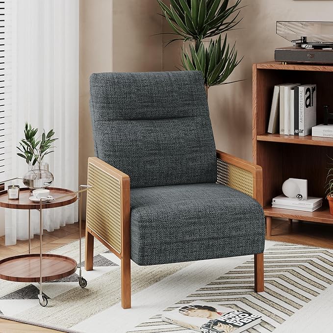 Alunaune Upholstered Natural Rattan Living Room Chairs Accent Chair Armchair Set of 2 Modern Slipper Club Chair Guest Reception Couch Comfy Single Sofa for Reading Bedroom-Grey