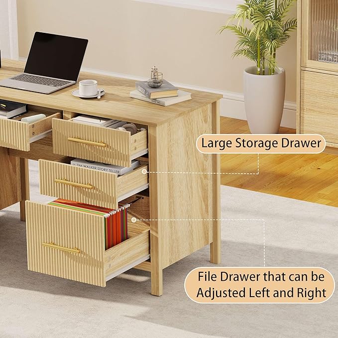 Modern Executive Desk with Drawers: 60 Oak Home Office Desks with File Drawers Wood Fluted Computer Writing Desk for Work Study and Living Room (60)