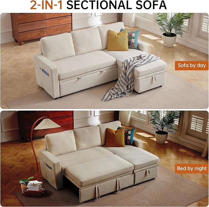 2-in-1 Convertible Sofa with Pull Out Bed 76 L Shaped Comfy Sectional Couch 3-Seater Sleeper Sofa with Reversible Storage Chaise for Living Room Beige