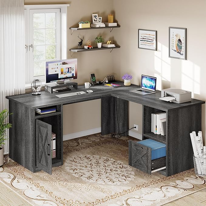 DWVO L Shaped Desk with File Drawer 60 Corner Computer Desk with Power Outlets Home Office Desk with Monitor Stand &amp Storage Shelves &amp File Cabinet Grey