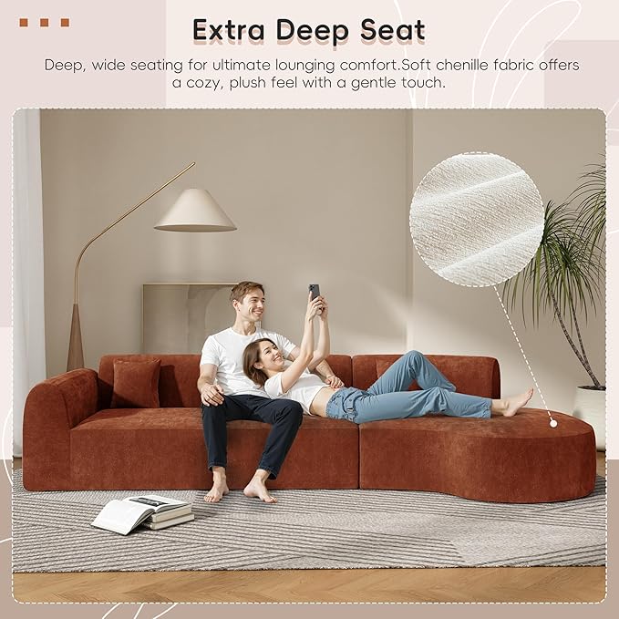 Christopher Knight Home Grelyn Modern Curved Modular Sectional Sofa Wool Fabric Large Cloud Couch 6-Seater L-Shaped Couch Living Room 3-Piece Lounge Sofa with ChaiseFully AssembledBrownish Orange