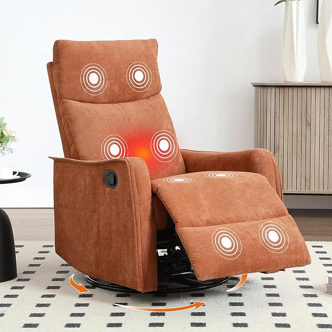Manual 360° Swivel Rocker Recliner Chair for Adults Overstuffed Glider Chair for Nursery with Vibration Massage and Heat Comfy Soft Fabric Glider with Side Pockets for Living Room Orange