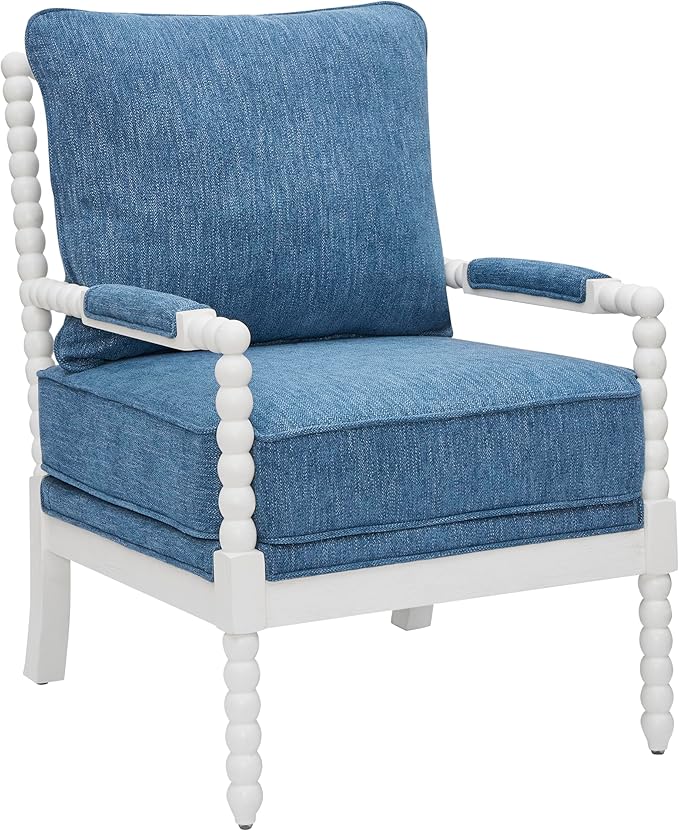 Roundhill Furniture Belvoir Upholstered Spool Accent Chair with Turned Wood Frame Denim Blue with White Finish