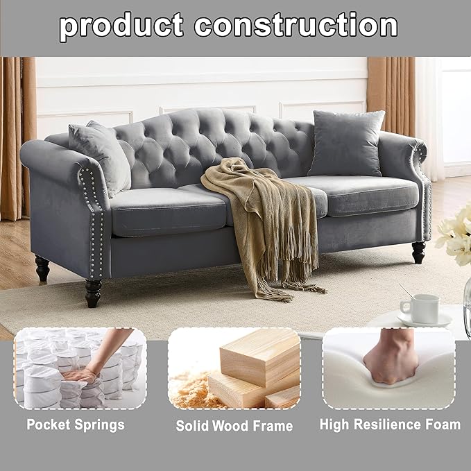2 Piece Modern Grey Velvet 79 3-Seater and 57 Loveseat Sofa Sets Chesterfield Button Tufted Nailhead Combination Couch with 4 Pillows Trimming Curved Backrest &amp Rolled Arm Sofa for Living Room
