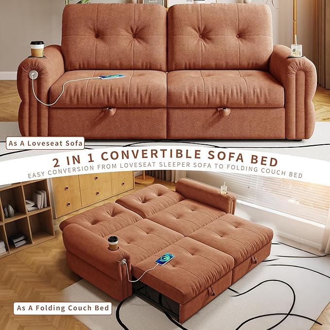 77 Pull Out Sofa Bed Velvet Convertible Sleeper Couch Loveseat Chaise Lounge with Cup Holder and USB Pullout Futon Sofa Bed for Living Room Bedroom Small Spaces RV (Orange-)