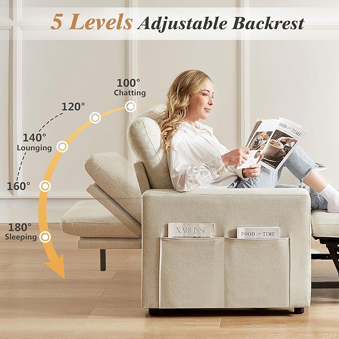 WEUP 42.5 Sleeper Chair Bed 3-in-1 Oversized Convertible Sleeper Sofa Chair with Pull Out Bed Reclining Adjustable Backrest/Side Pockets Tool-Free Assembly Basic Beige
