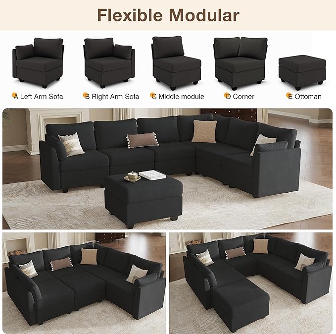 Modular Sectional Sofa Couches Large Convertible Modular Couches with Storage 7-Seater Sectional Sofa for Living Room U Shaped Sectional Couch Sleeper Sofa with Chaise (Black 7 Seats)