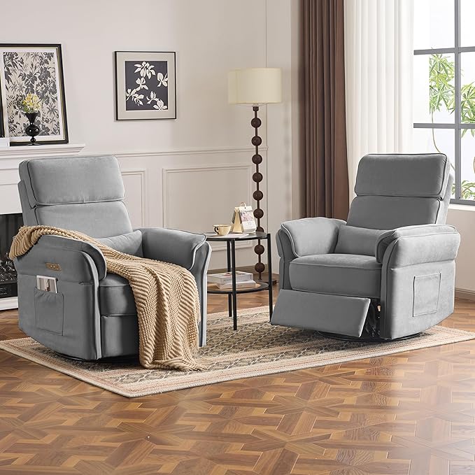 MELLCOM Power Recliner Rocking Chair Nursery Gliders with Adjustable Armrests and Headrest Swivel Electric Glider Reclining Nursing Chair with USB Port and Storage Bags FSC Certified