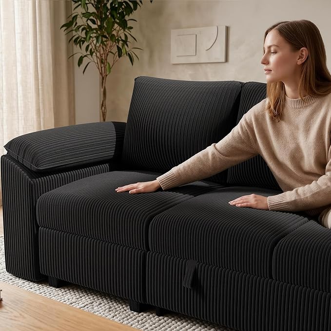 108 Inch Sectional Sleeper Sofa Bed with Pull Out Couch U Shaped 7 Seat Cloud Modular Sectional Sofa with Storage Corduroy Sectional Couches for Living Room Removable Sofa Cover Black