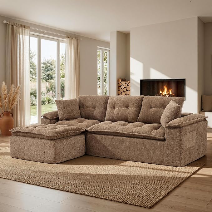 110 Modular Sectional Sofa Cloud Sectional Couch with Ottoman Modern L Shaped Sofa with Deep Seat Upholstered Boneless Couch for Living Room with Layered Cushion No Assembly Brown