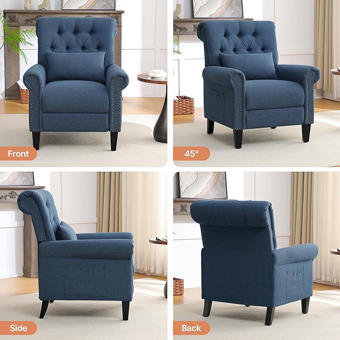 Pushback Recliner Chair Accent Push Back Chair with Adjustable Footrest Upholstered Linen Fabric Reclining Sofa with Side Pocket Comfy Modern Armchair for Living Room Navy Blue