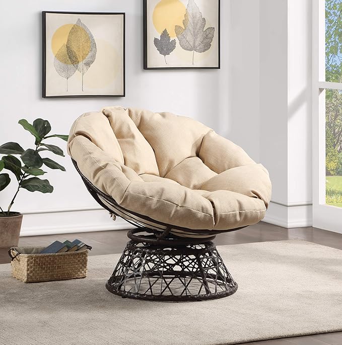 OSP Home Furnishings Wicker Papasan Chair with 360-Degree Swivel Brown Frame with Cream Cushion