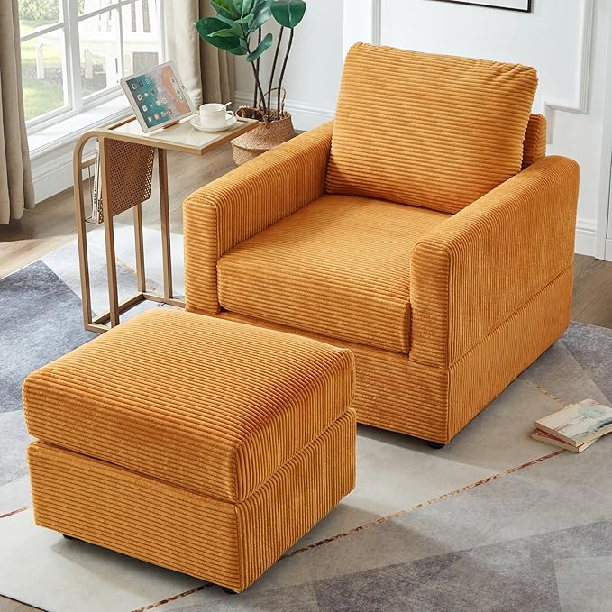 Aoiy &amp Wifon Accent Chair with Ottoman Upholstered Reading Chair with Ottoman Comfy Armchair with Wooden Legs Corduroy Orange