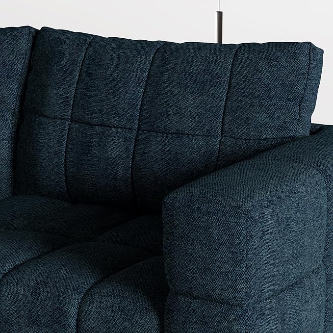 81.89 Sofa Comfy 3 Seat Sofa Tufted Chenille Upholstered Sofa Couch for Living Room with Gold Metal Legs and 2 Throw Pillows (Blue-N)