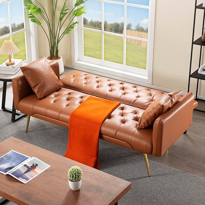 68” Convertible Futon Couch BedFoldable Loveseat Sleeper with Adjustable BackrestSofa Bed with 2 Pillows and Armrest for Living Room (Brown)