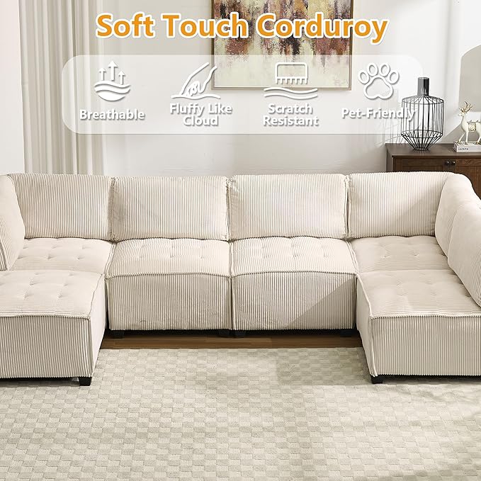 121 Inch Cloud Modular Sectional Sofa Oversized U Shaped Modular Couch with Reversible Chaise 6 Seat Comfy Convertible Sectional Sofa with Ottoman for Living Room Beige